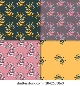 Set of 4 Seamless Floral Pattern with decorative branches and leaves for Design Wallpaper, Fashion Print, Trendy Decor, Home Textile, Retro Decor. Vector Illustration.	