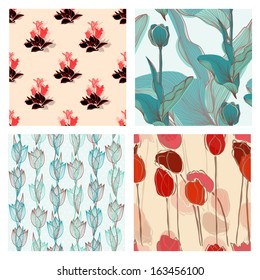 set of 4 seamless floral patterns with decorative tulips, design elements