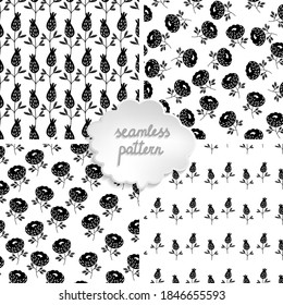 Set of 4 seamless floral patterns based on traditional folk art ornaments. Black flowers on white background. Scandinavian style. Vector illustration. Collection with simple botanic pattern.