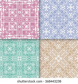 Set of 4 seamless geometric lace patterns with repeating texture for Wedding, Bridal, Valentine's day or Birthday Invitations, fabric or paper print. Vector collection