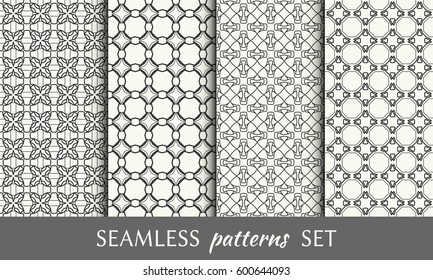 Set of 4 seamless geometric line patterns. Endless linear trendy graphic texture for wallpaper, packaging, pattern fill, invitation, card, banner, flyer, fabric . Black and white seamless backgrounds