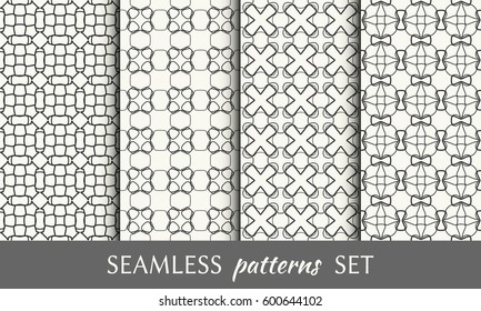 Set of 4 seamless geometric line patterns. Endless linear trendy graphic texture for wallpaper, packaging, pattern fill, invitation, card, banner, flyer, fabric . Black and white seamless backgrounds