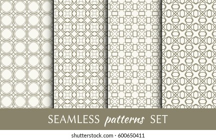 Set of 4 seamless geometric line patterns. Endless linear trendy graphic texture for wallpaper, packaging, pattern fill, invitation, card, banner, flyer, fabric . Golden brown seamless backgrounds