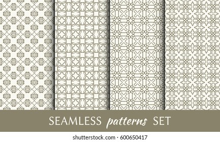 Set of 4 seamless geometric line patterns. Endless linear trendy graphic texture for wallpaper, packaging, pattern fill, invitation, card, banner, flyer, fabric . Golden brown seamless backgrounds