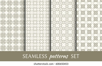 Set of 4 seamless geometric line patterns. Endless linear trendy graphic texture for wallpaper, packaging, pattern fill, invitation, card, banner, flyer, fabric . Golden brown seamless backgrounds