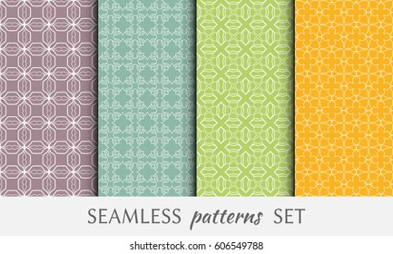 Set of 4 seamless geometric line patterns. Endless linear trendy graphic texture for wallpaper, packaging, pattern fill, invitation, card, banner, flyer, fabric . Colorful seamless backgrounds