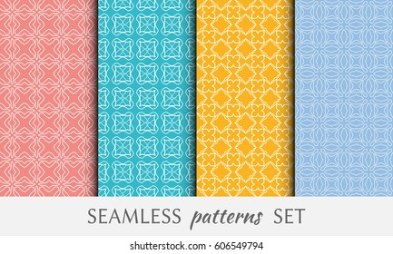 Set of 4 seamless geometric line patterns. Endless linear trendy graphic texture for wallpaper, packaging, pattern fill, invitation, card, banner, flyer, fabric . Colorful seamless backgrounds