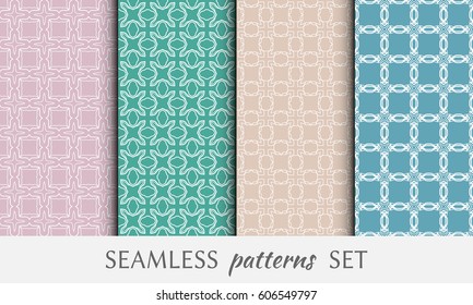 Set of 4 seamless geometric line patterns. Endless linear trendy graphic texture for wallpaper, packaging, pattern fill, invitation, card, banner, flyer, fabric . Colorful seamless backgrounds