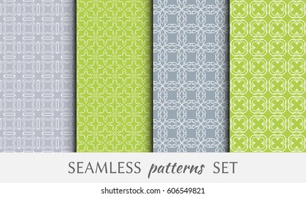 Set of 4 seamless geometric line patterns. Endless linear trendy graphic texture for wallpaper, packaging, pattern fill, invitation, card, banner, flyer, fabric . Colorful seamless backgrounds