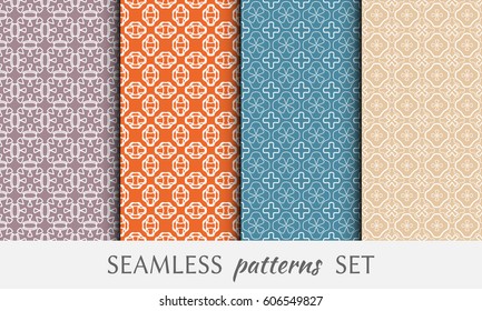 Set of 4 seamless geometric line patterns. Endless linear trendy graphic texture for wallpaper, packaging, pattern fill, invitation, card, banner, flyer, fabric . Colorful seamless backgrounds