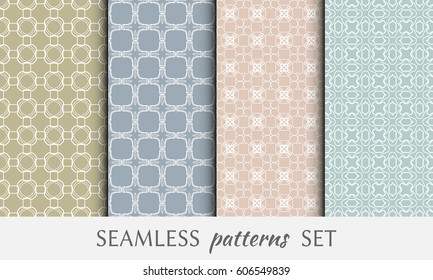 Set of 4 seamless geometric line patterns. Endless linear trendy graphic texture for wallpaper, packaging, pattern fill, invitation, card, banner, flyer, fabric . Colorful seamless backgrounds