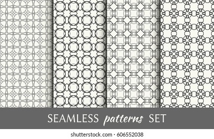 Set of 4 seamless geometric line patterns. Endless linear trendy graphic texture for wallpaper, packaging, pattern fill, invitation, card, banner, flyer, fabric . Black and white seamless backgrounds