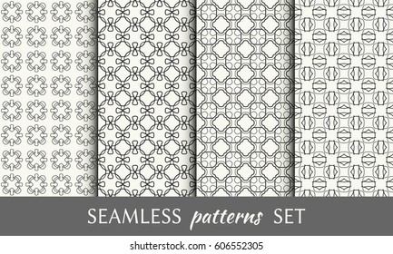 Set of 4 seamless geometric line patterns. Endless linear trendy graphic texture for wallpaper, packaging, pattern fill, invitation, card, banner, flyer, fabric . Black and white seamless backgrounds