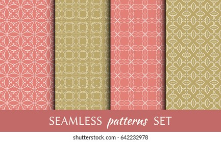 Set of 4 seamless geometric line patterns. Contemporary graphic design. Colored endless texture for wallpaper, pattern fills, web page line backgrounds. Tribal ethnic arabic, indian ornament
