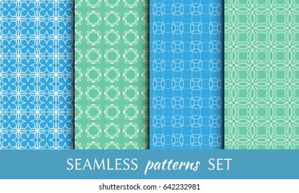 Set of 4 seamless geometric line patterns. Contemporary graphic design. Colored endless texture for wallpaper, pattern fills, web page line backgrounds. Tribal ethnic arabic, indian ornament