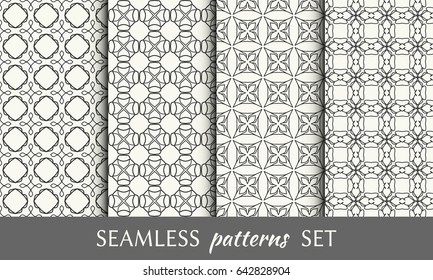 Set of 4 seamless geometric line patterns. Endless linear trendy graphic texture for wallpaper, packaging, pattern fill, invitation, card, banner, flyer, fabric . Black and white seamless backgrounds