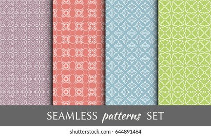 Set of 4 seamless geometric line patterns. Contemporary graphic design. Colored endless texture for wallpaper, pattern fills, web page line backgrounds. Tribal ethnic arabic, indian ornament