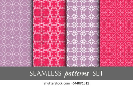 Set of 4 seamless geometric line patterns. Contemporary graphic design. Colored endless texture for wallpaper, pattern fills, web page line backgrounds. Tribal ethnic arabic, indian ornament