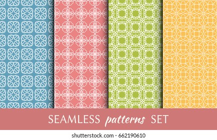 Set of 4 seamless geometric line patterns. Colorful backgrounds collection. Endless linear trendy graphic texture for wallpaper, packaging, banners, invitations, business cards, flyers, fabric print