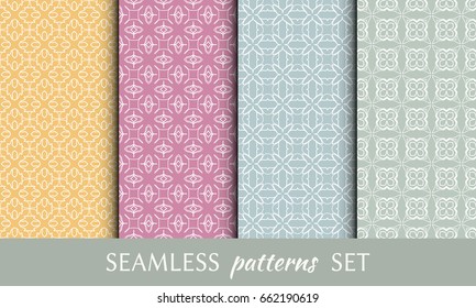 Set of 4 seamless geometric line patterns. Colorful backgrounds collection. Endless linear trendy graphic texture for wallpaper, packaging, banners, invitations, business cards, flyers, fabric print