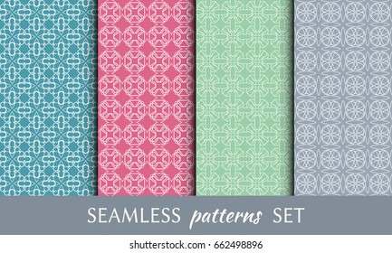 Set of 4 seamless geometric line patterns. Colorful backgrounds collection. Endless linear trendy graphic texture for wallpaper, packaging, banners, invitations, business cards, flyers, fabric print