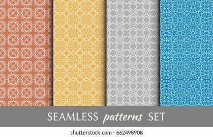 Set of 4 seamless geometric line patterns. Colorful backgrounds collection. Endless linear trendy graphic texture for wallpaper, packaging, banners, invitations, business cards, flyers, fabric print