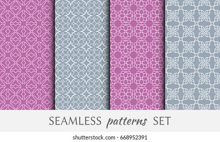Set of 4 seamless geometric line patterns. Colorful backgrounds collection. Endless linear trendy graphic texture for wallpaper, packaging, banners, invitations, business cards, flyers, fabric print