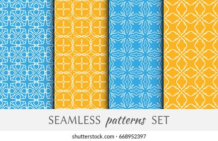 Set of 4 seamless geometric line patterns. Colorful backgrounds collection. Endless linear trendy graphic texture for wallpaper, packaging, banners, invitations, business cards, flyers, fabric print