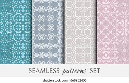 Set of 4 seamless geometric line patterns. Colorful backgrounds collection. Endless linear trendy graphic texture for wallpaper, packaging, banners, invitations, business cards, flyers, fabric print