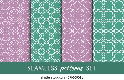 Set of 4 seamless geometric line patterns. Contemporary graphic design. Colored endless texture for wallpaper, pattern fills, web page line backgrounds. Tribal ethnic arabic, indian ornament