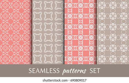 Set of 4 seamless geometric line patterns. Contemporary graphic design. Colored endless texture for wallpaper, pattern fills, web page line backgrounds. Tribal ethnic arabic, indian ornament
