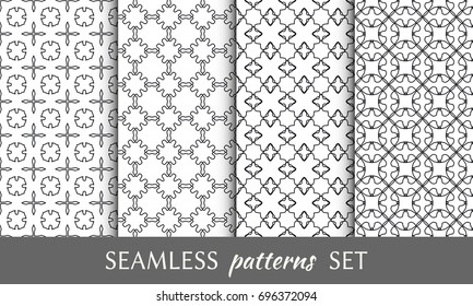 Set of 4 seamless geometric line patterns. Black and white backgrounds with repeating texture, ornaments in arabian style for wallpaper, packaging, banners, invitation cards, textile fabric print