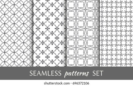 Set of 4 seamless geometric line patterns. Black and white backgrounds with repeating texture, ornaments in arabian style for wallpaper, packaging, banners, invitation cards, textile fabric print