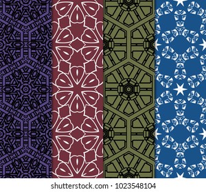set of 4 Seamless geometric pattern with modern style ornament on color background. For greeting cards, invitations, cover book, fabric, scrapbooks.