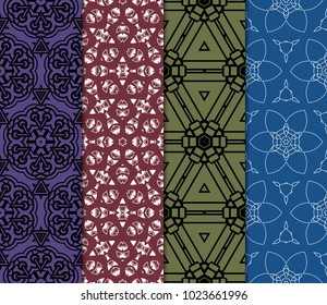 set of 4 Seamless geometric pattern with modern style ornament on color background. For greeting cards, invitations, cover book, fabric, scrapbooks.