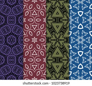 set of 4 Seamless geometric pattern with modern style ornament on color background. For greeting cards, invitations, cover book, fabric, scrapbooks.