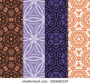 set of 4 Seamless geometric pattern with modern style ornament on color background. For greeting cards, invitations, cover book, fabric, scrapbooks.