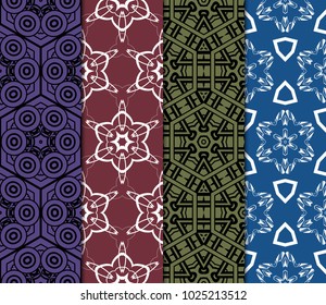 set of 4 Seamless geometric pattern with modern style ornament on color background. For greeting cards, invitations, cover book, fabric, scrapbooks.
