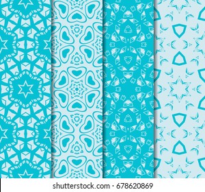 set of 4 seamless geometric pattern with modern floral ornament. sea color background. vector illustration. for wallpaper, print, box design