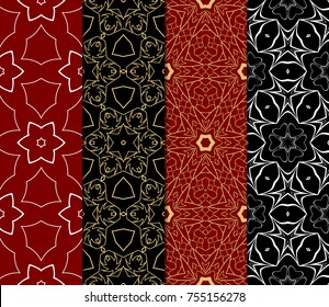 Set of 4 seamless geometric pattern with Floral ornament. Vector illustration