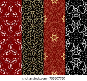 Set of 4 seamless geometric pattern with Floral ornament. Vector illustration