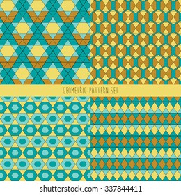 Set of 4 seamless geometric patterns in calm colors. Vector illustration for fabric, paper, textile, web design. 