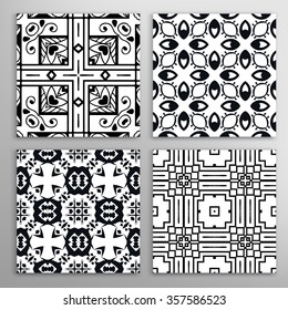 Set of 4 seamless geometric patterns with repeating texture for Wedding, Bridal, Valentine's day or Birthday Invitations, fabric or paper print. Black and white vector collection