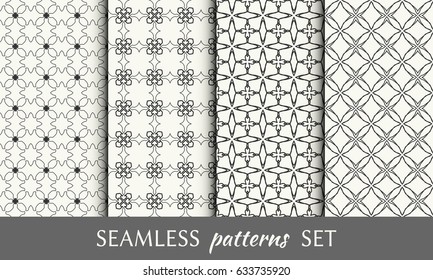 Set of 4 seamless geometric patterns. Black and white line backgrounds collection. Endless linear trendy graphic texture for wallpaper, packaging, banners, invitations, business cards, fabric print