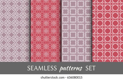 Set of 4 seamless geometric patterns. Colorful line backgrounds collection. Endless linear trendy graphic texture for wallpaper, packaging, banners, invitations, business cards, flyers, fabric print