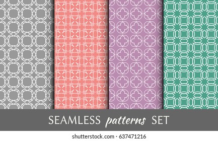 Set of 4 seamless geometric patterns. Colorful line backgrounds collection. Endless linear trendy graphic texture for wallpaper, packaging, banners, invitations, business cards, flyers, fabric print