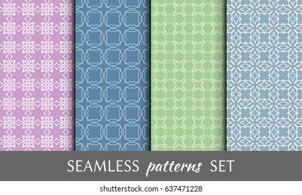 Set of 4 seamless geometric patterns. Colorful line backgrounds collection. Endless linear trendy graphic texture for wallpaper, packaging, banners, invitations, business cards, flyers, fabric print