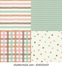 Set of 4 seamless grunge patterns with polka dot, stripe and cell. Vector illustration. Textile rapport.