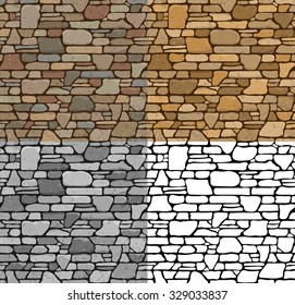 Set 4 Seamless Grunge Stone Brick Wall Texture with various variants of color. Vector Illustration.