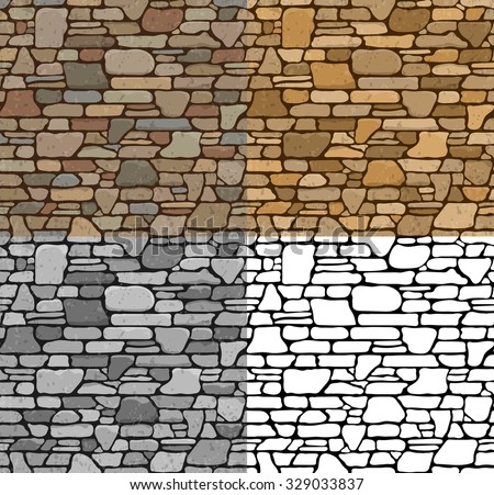 Set 4 Seamless Grunge Stone Brick Wall Texture with various variants of color. Vector Illustration.